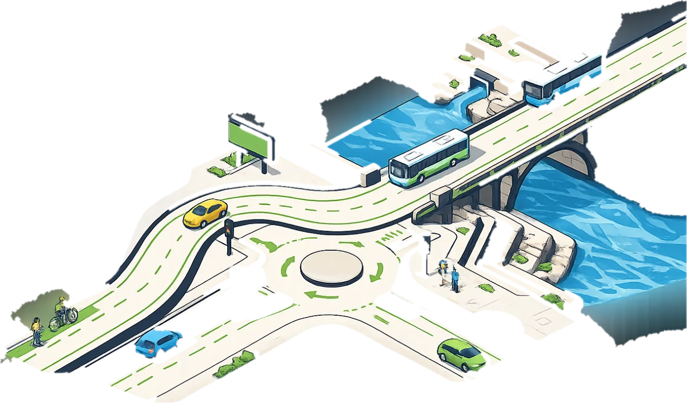 An isometric editorial illustration of a TTAP transport landscape — a roundabout, a bridge over water, buses, cars, a cyclist and pedestrians, signalised crossings and terraced earthworks, in TTAP brand colours.