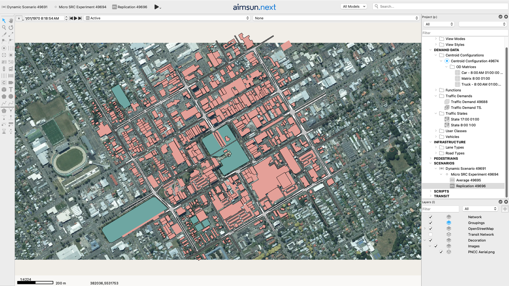 AIMSUN.next dynamic-network micro-simulation of the Palmerston North city centre showing intervention scenarios, intersection geometry, public transport overlay and project-side panel controls.