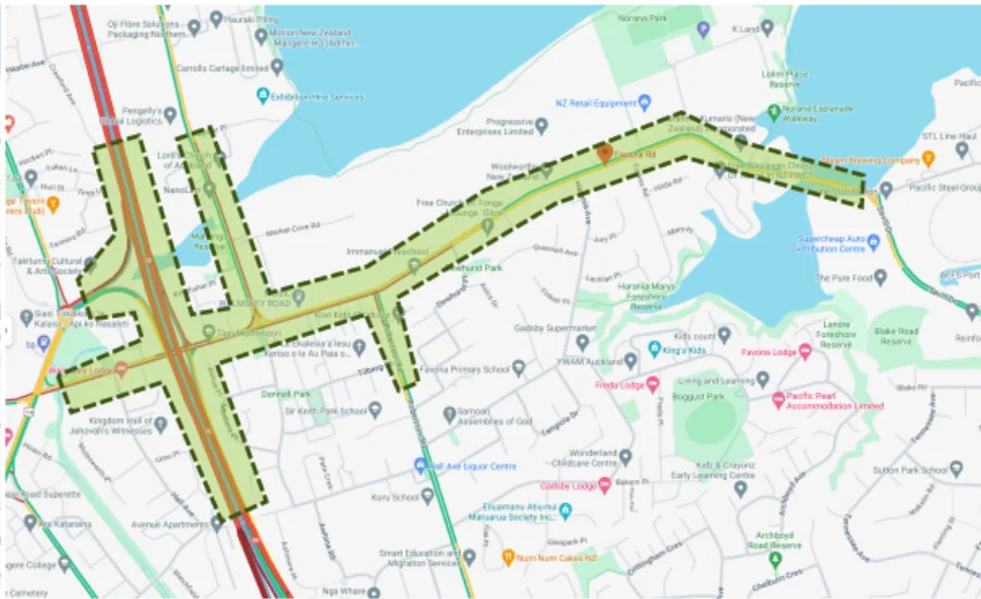 Study-area map for the Favona Road corridor model, with the modelled network extent outlined and connecting arterials and local road network shown.