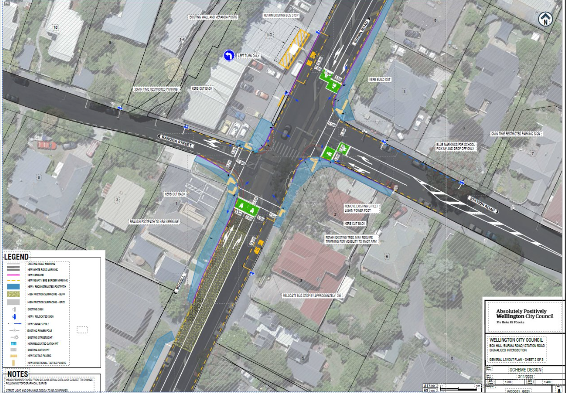 Annotated aerial of the Box Hill intersection in Wellington City showing existing geometry, proposed traffic-management interventions, sight-line constraints and legend.
