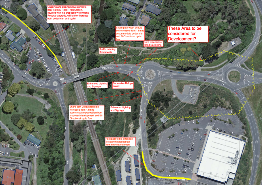 Annotated aerial of the Johnsonville–Moorefield roundabout area in Wellington showing existing road geometry, project intervention zones, surrounding tree-cover and engineering markup.