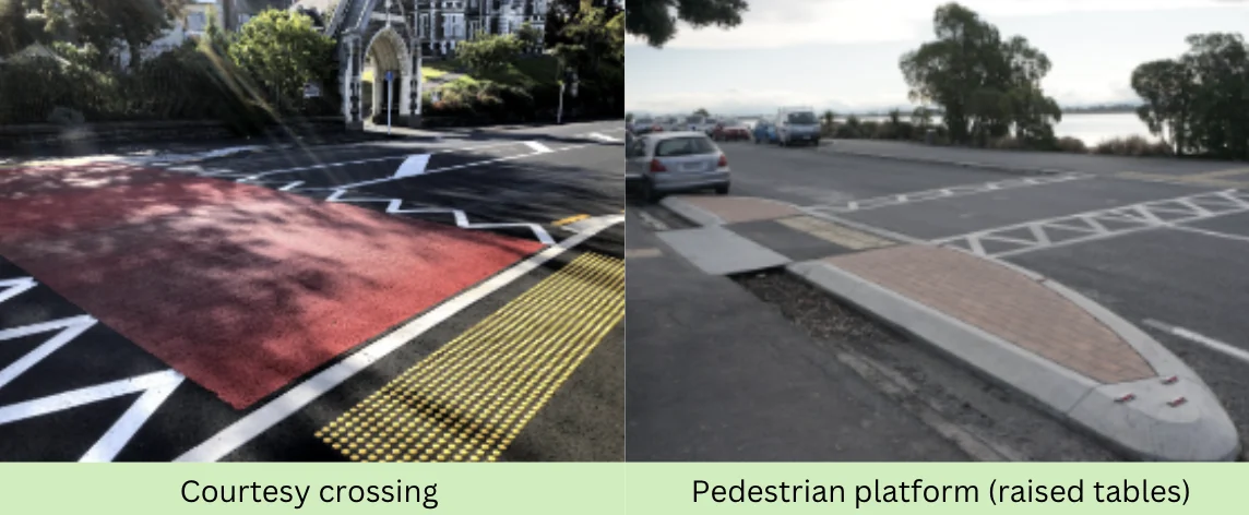 Two street photographs of crossing treatments assessed in the programme — a red-surfaced courtesy crossing, and a raised pedestrian platform with tactile paving across a side road.